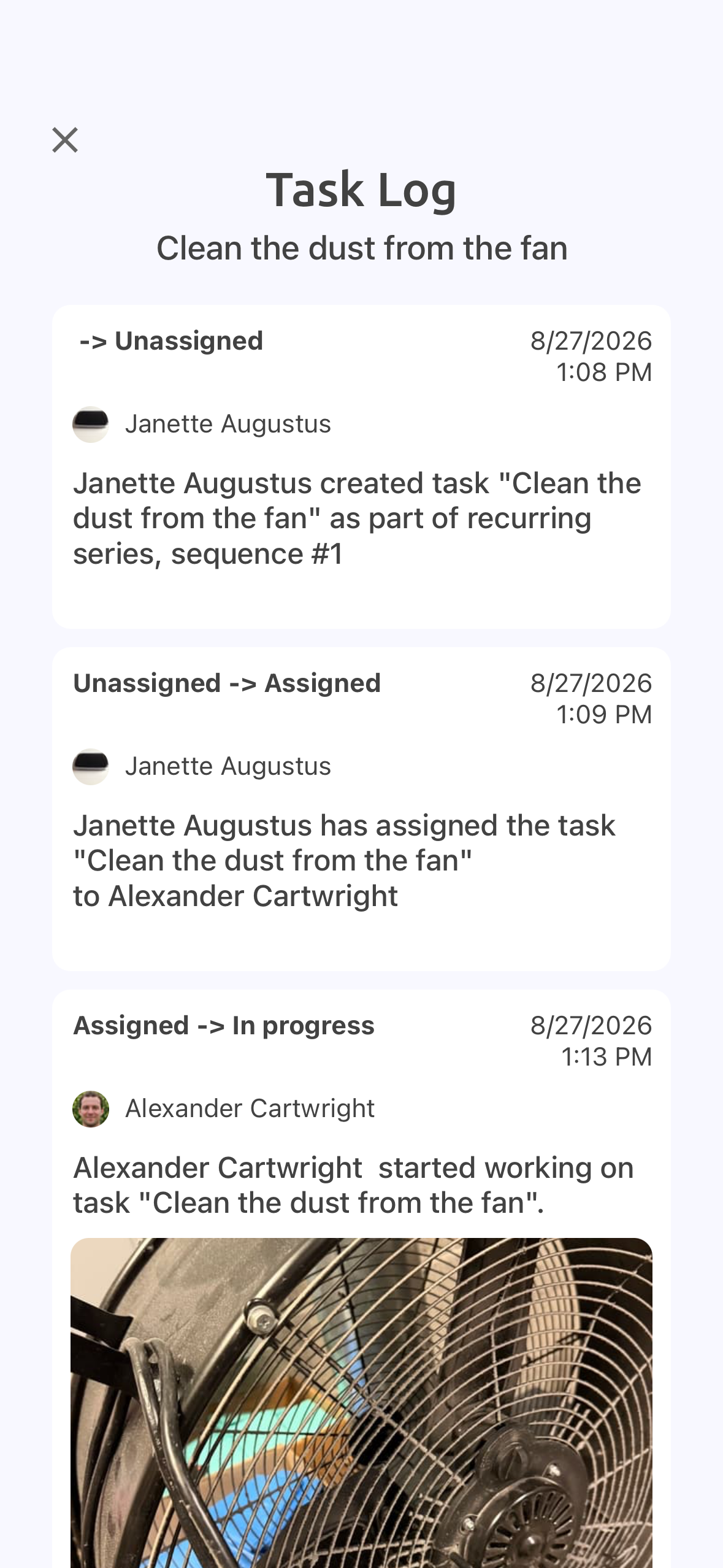 Task Log screen